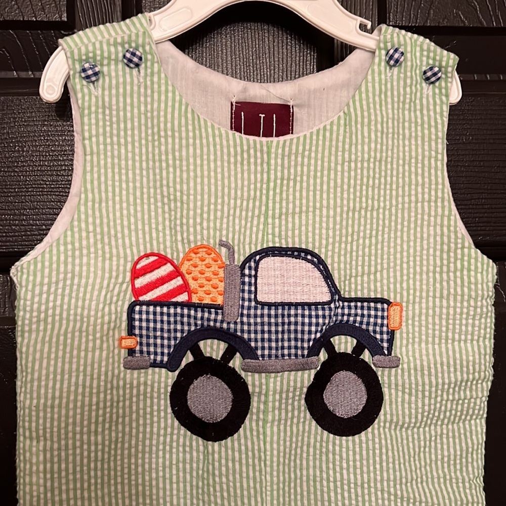 Green Seer Sucker Easter Overalls